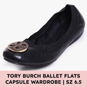 Tory Burch Caroline 2 Ballet Flats Patent Leather Logo Black Gold 6.5 Balletcore